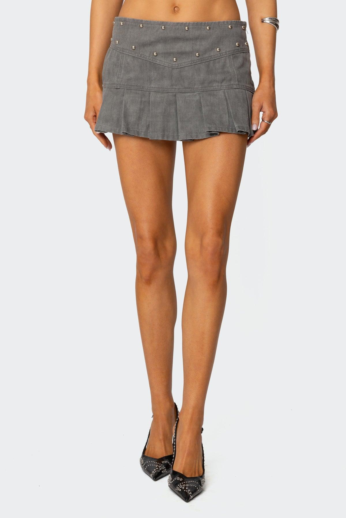 Stud Pleated Denim Mini Skirt Product Image