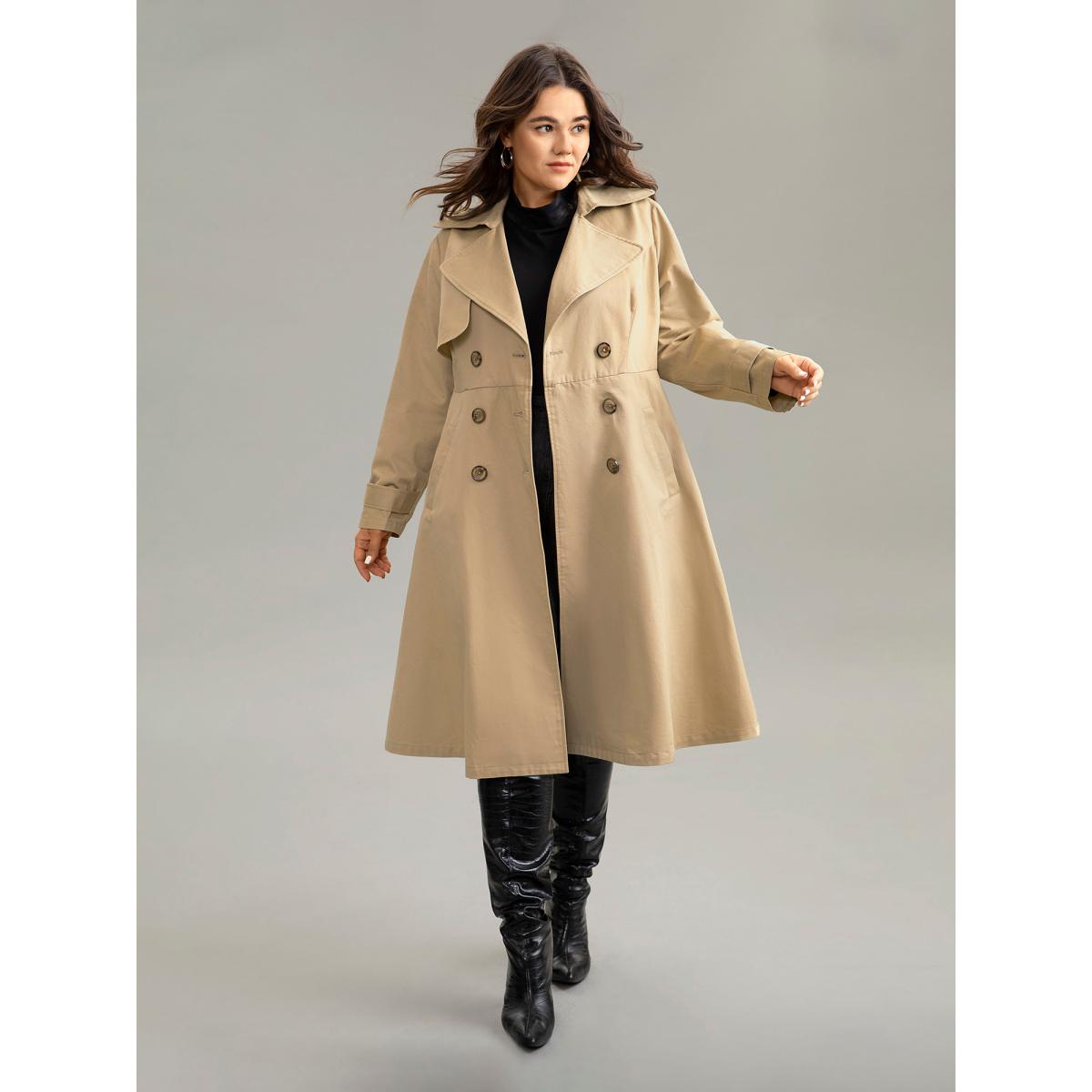 Plus Size Lapel Collar Belted Buckle Detail Double Breasted Coat Women Apricot Casual Lined Ladies Dailywear Winter Coats BloomChic 14-16/1X Product Image