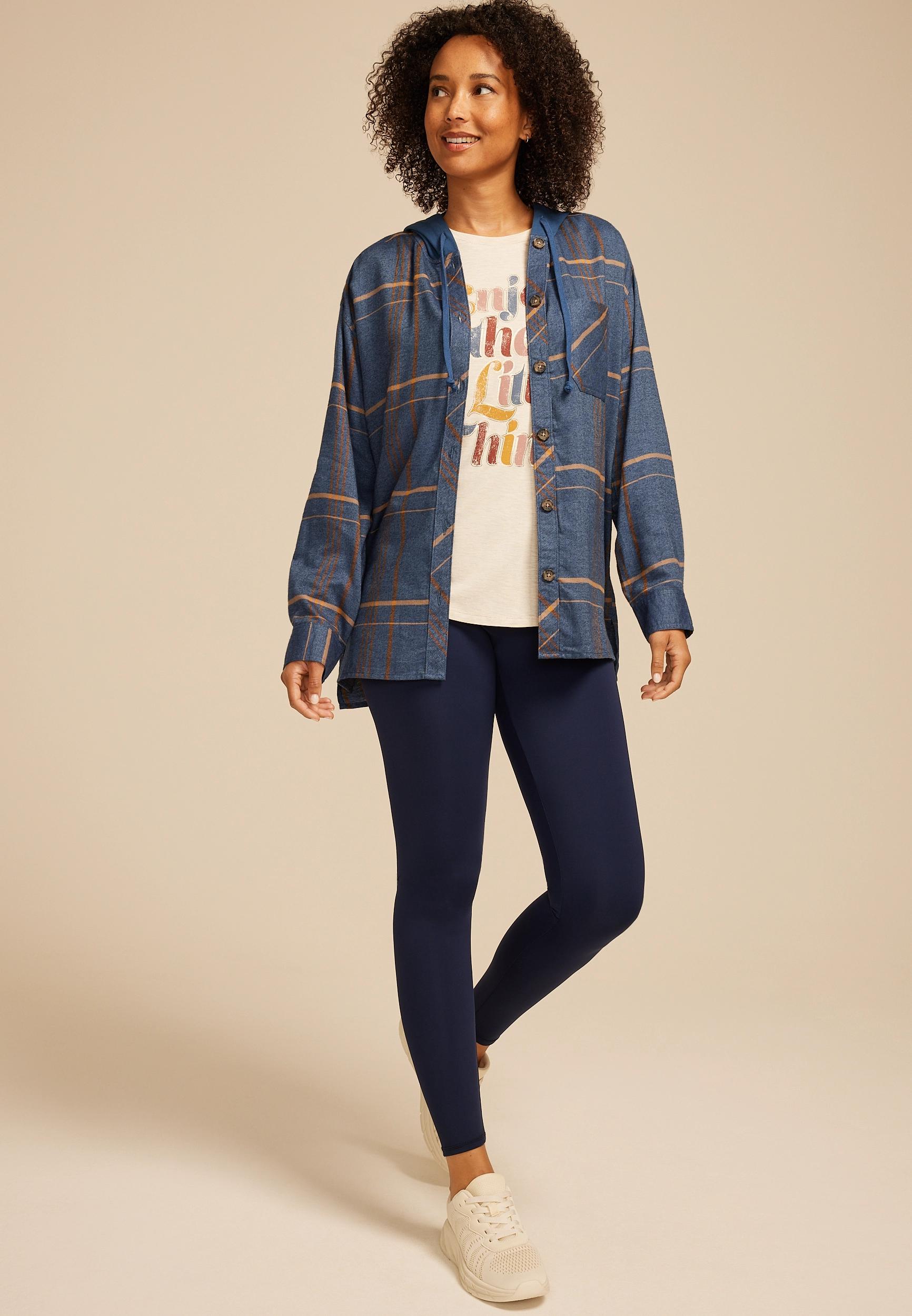 Plaid Hooded Boyfriend Button Down Shirt Product Image