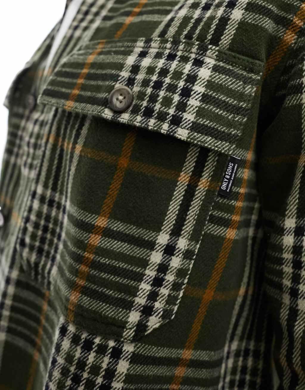 Only & Sons flannel check overshirt in khaki Product Image