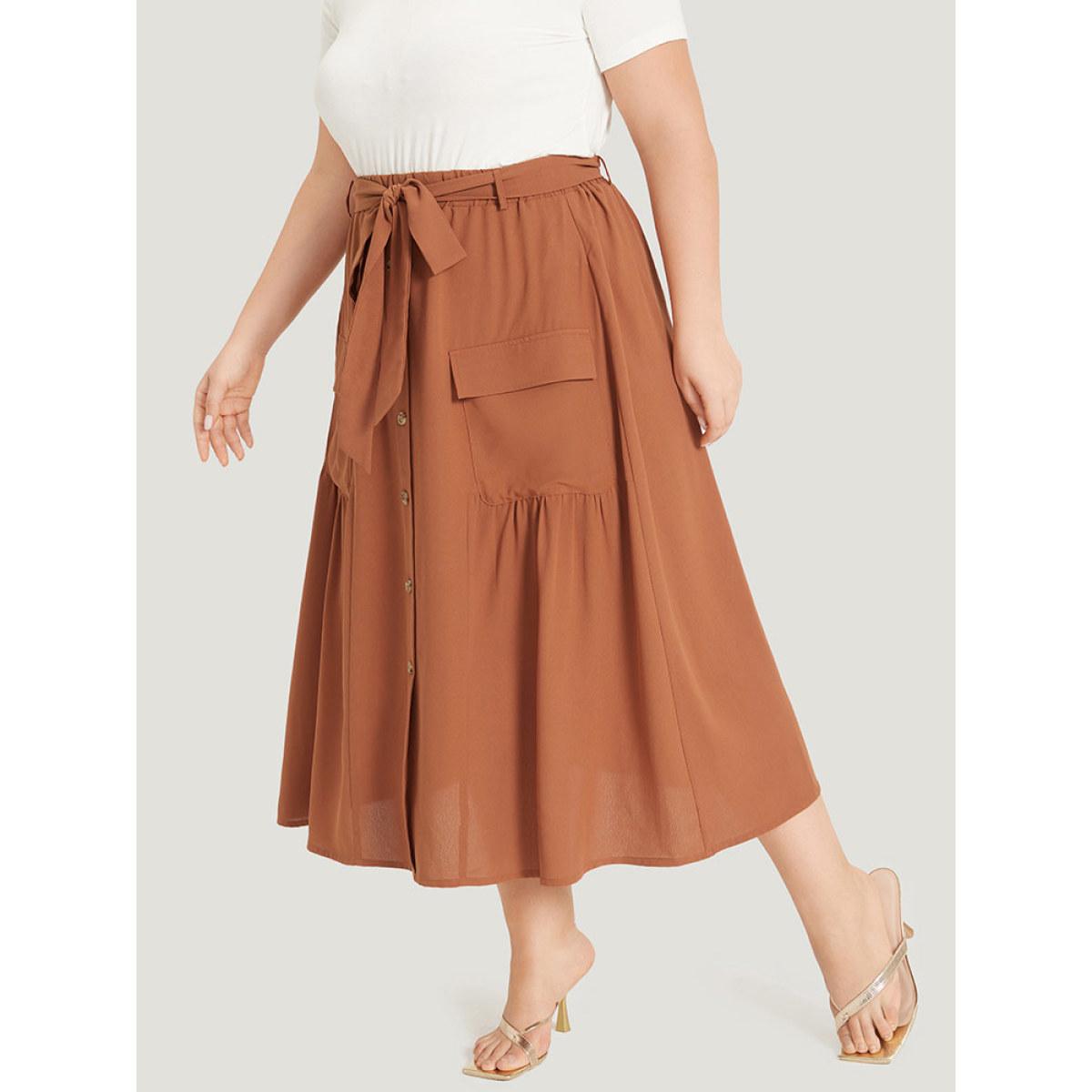 Plus Size Contrast Button Detail Flap Pocket Gathered Skirt Women OrangeRed Elegant Belted No stretch Pocket Dailywear Skirts BloomChic 22-24/3X Product Image