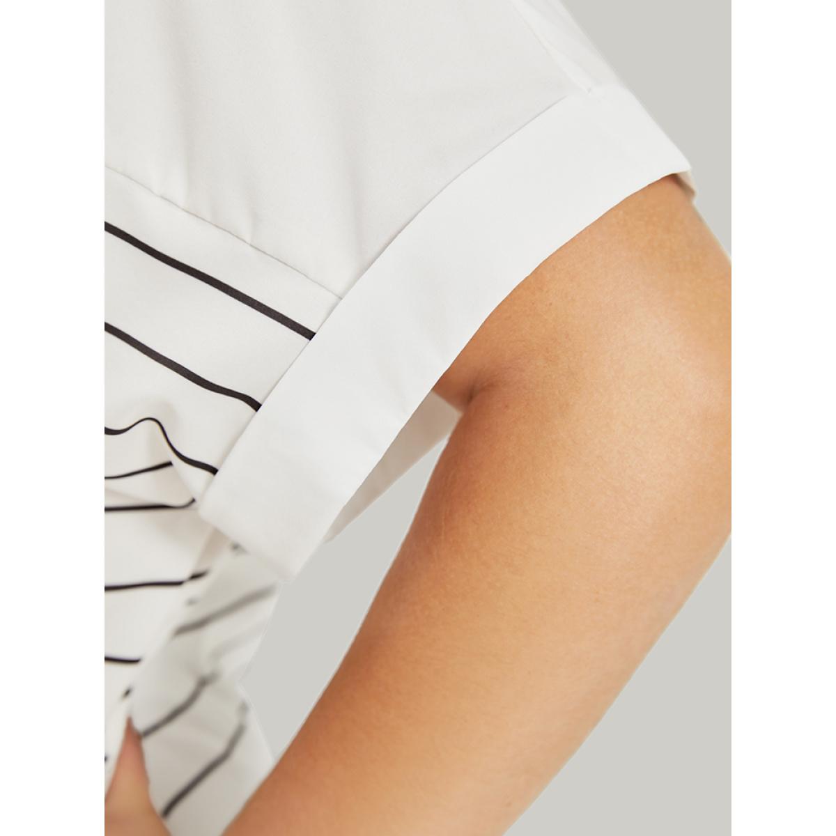 Plus Size White Striped Patchwork Roll Batwing Sleeve Blouse Women Office Short sleeve Round Neck Work Blouses BloomChic 22-24/3X Product Image