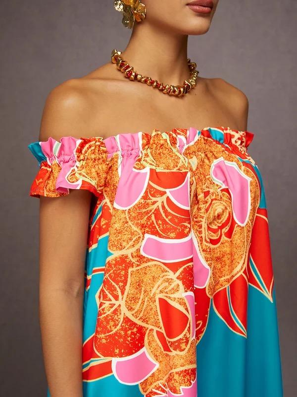 A-Line Loose Elasticity Flower Print Pleated Split-Joint Off-The-Shoulder Maxi Dresses Product Image