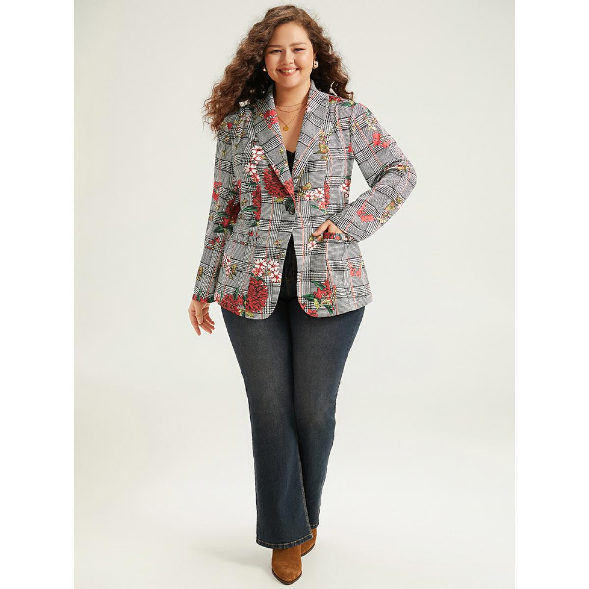 Plus Size Floral Plaid Patchwork Pocket Blazer Multicolor Women Dailywear Plaid Printed Sleeve Long Sleeve Lapel Collar 28/5X Pocket Elegant Blazers BloomChic Product Image