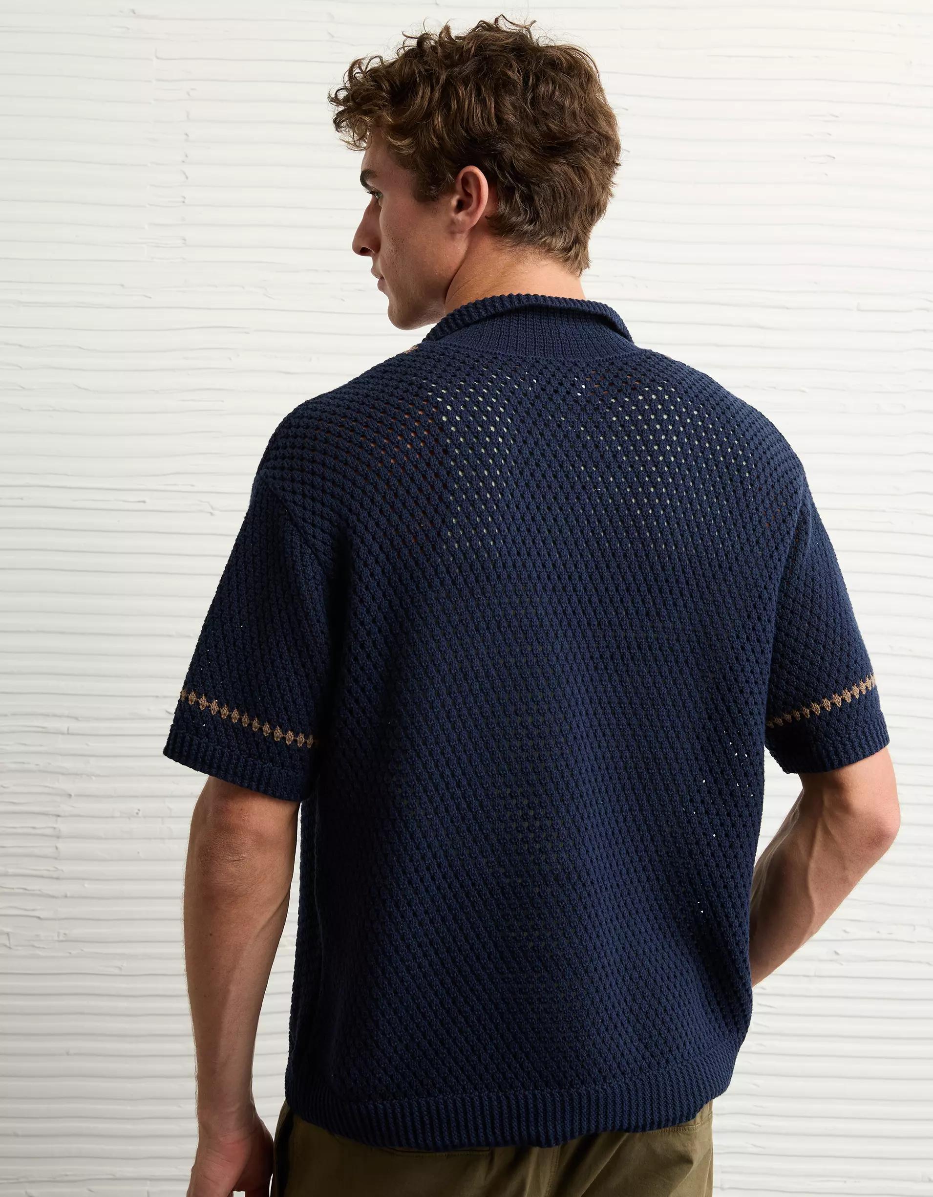 AE Weekend Crochet Button-Up Sweater Polo Shirt Product Image