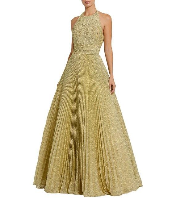 Mac Duggal Halter Neckline Pleated Glitter Knit Ballgown Product Image