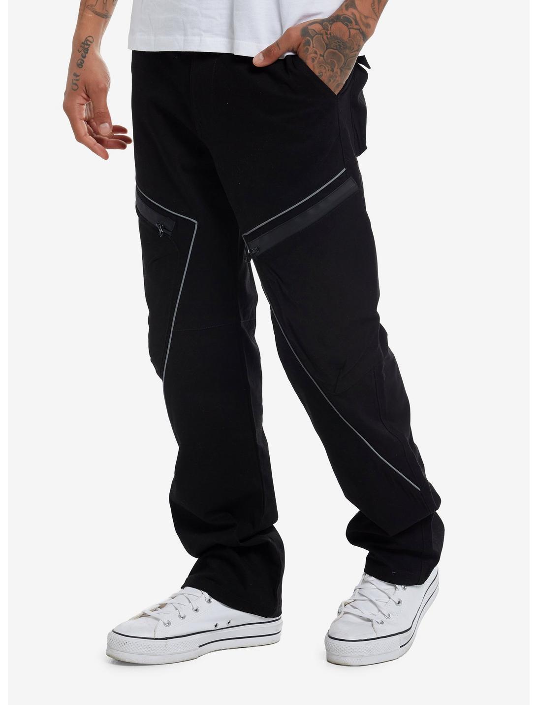 Black Reflective Zipper Pocket Slim Straight Pants Product Image