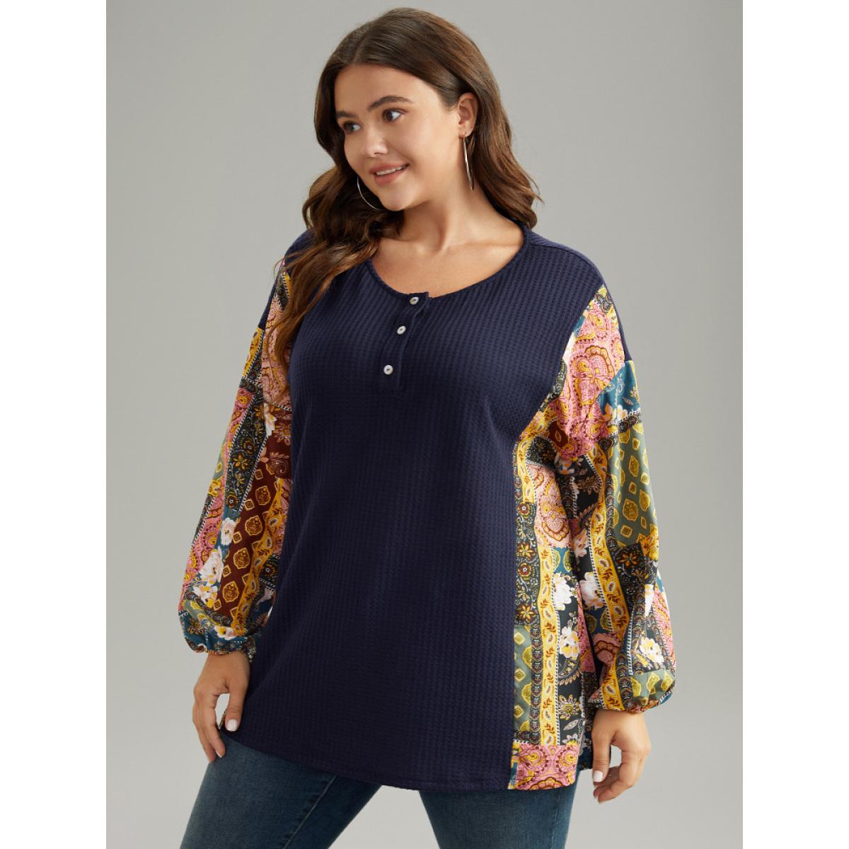 Plus Size Boho Print Button Up Patchwork Lantern Sleeve Sweatshirt DarkBlue Women Casual Elastic cuffs Bohemian Print Open Front Dailywear T-shirts BloomChic 28/5X Product Image