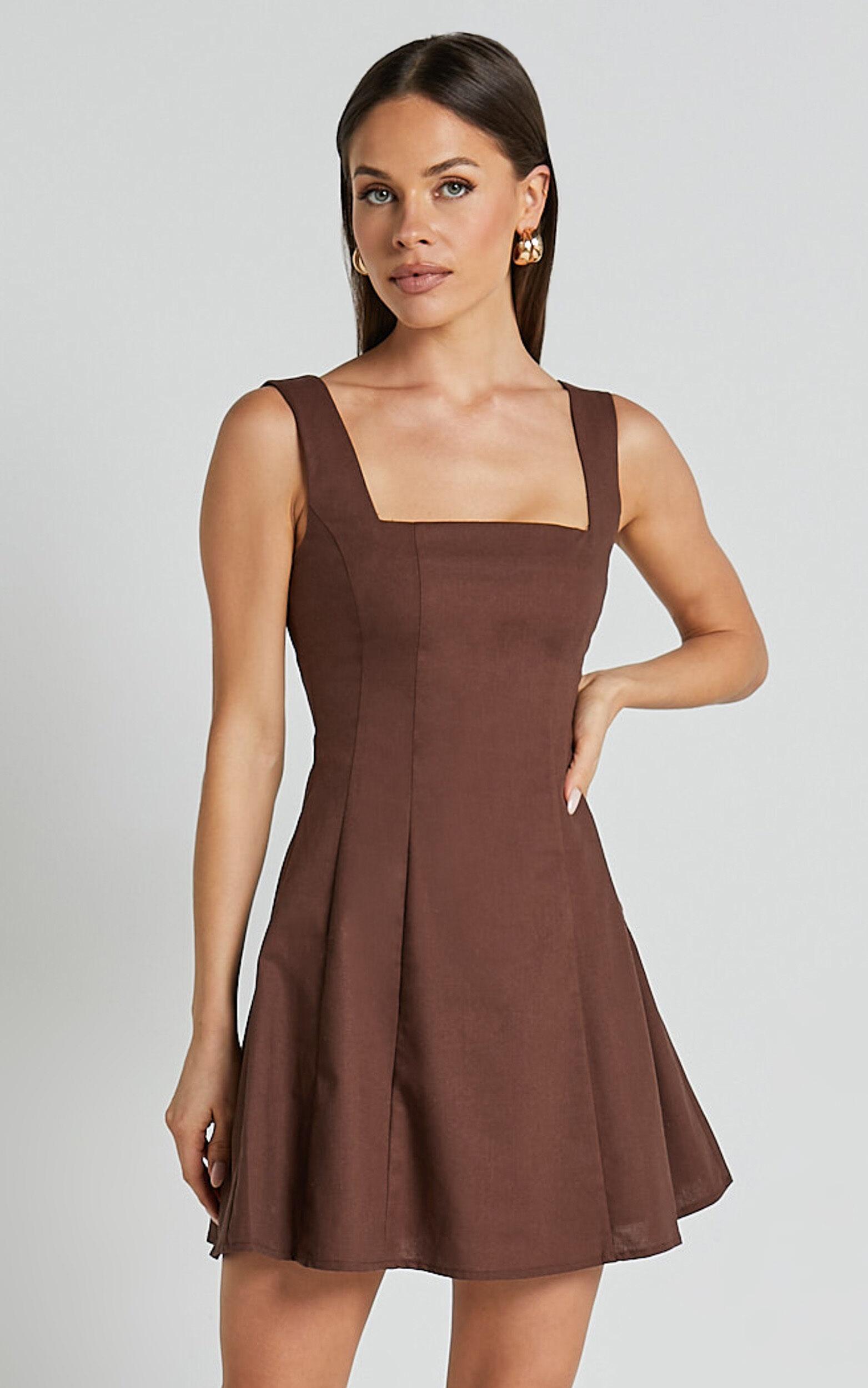 Adiana Mini Dress - Linen Square Neck Shirred Back A Line Dress in Chocolate Product Image
