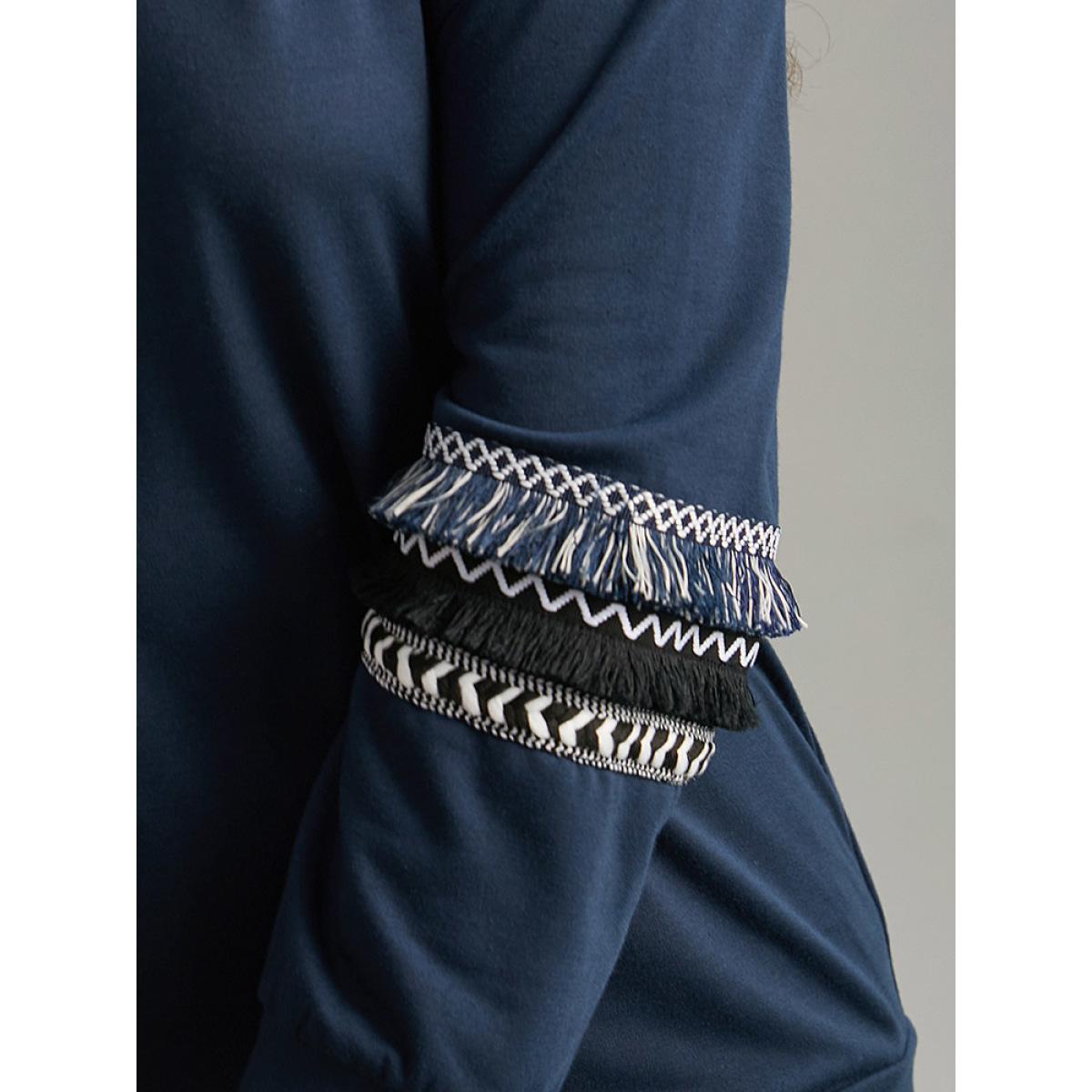 Plus Size Tassels Trim Layered Patchwork Sweatshirt Women DarkBlue Elegant Tassels Round Neck Dailywear Sweatshirts BloomChic 28/5X Product Image