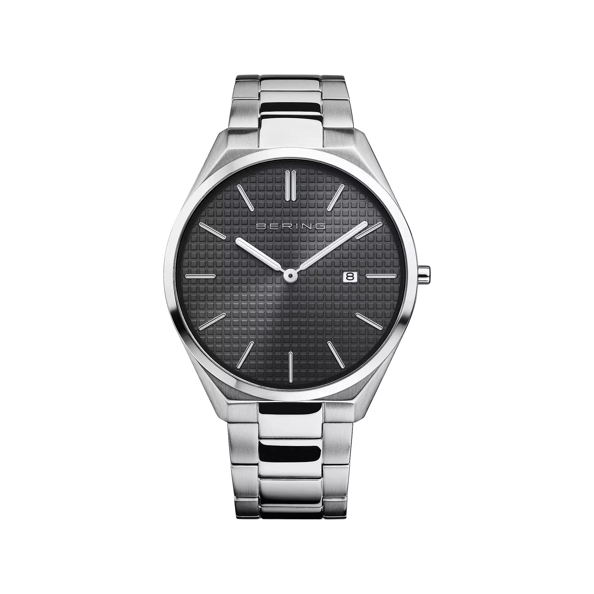 BERING Men's Ultra Slim Blue Stainless Steel Bracelet Watch - 17240-797, Size: Large, Silver Product Image