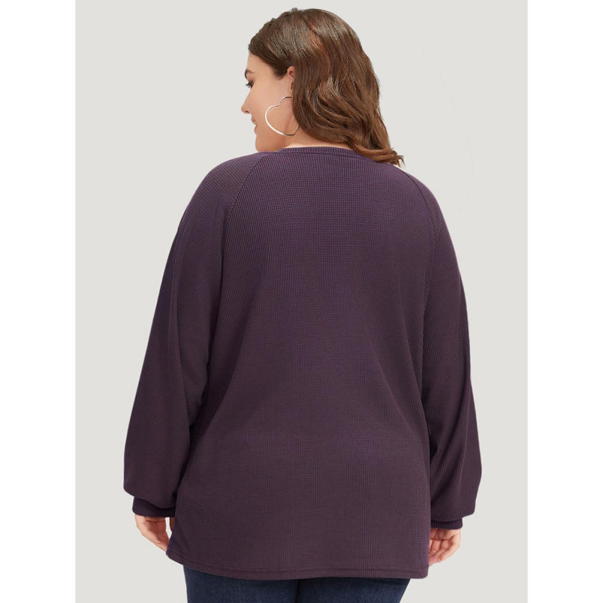 Plus Size Plain Waffle Knit Button Detail Crew Neck Raglan Sleeve T-shirt Purple Women Casual Elastic cuffs Plain Round Neck Dailywear T-shirts BloomChic 12/L Product Image
