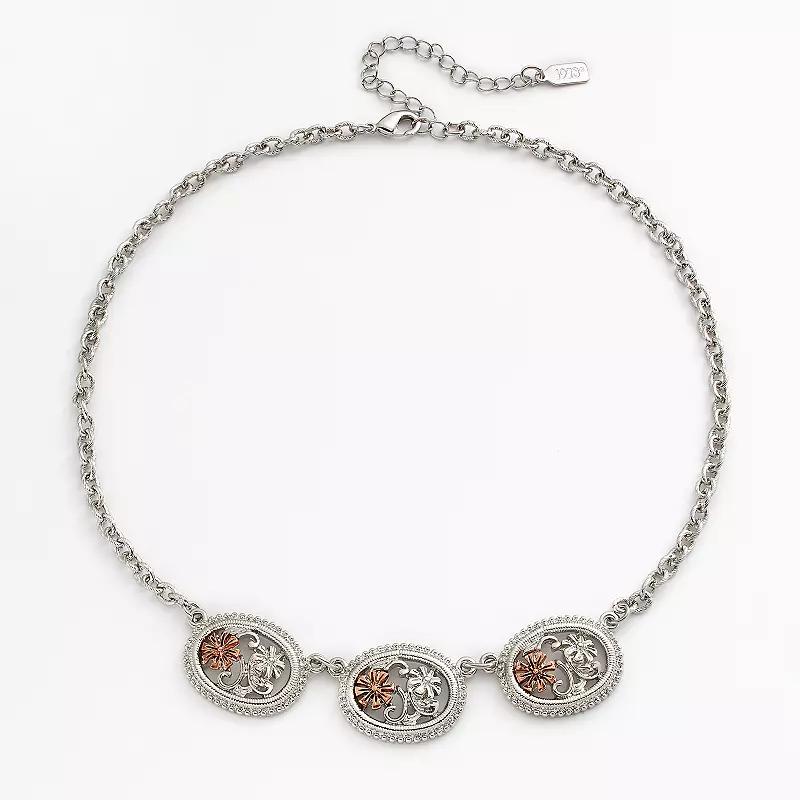 1928 Two Tone Simulated Crystal Openwork Flower Necklace, Womens Silver Tone Product Image