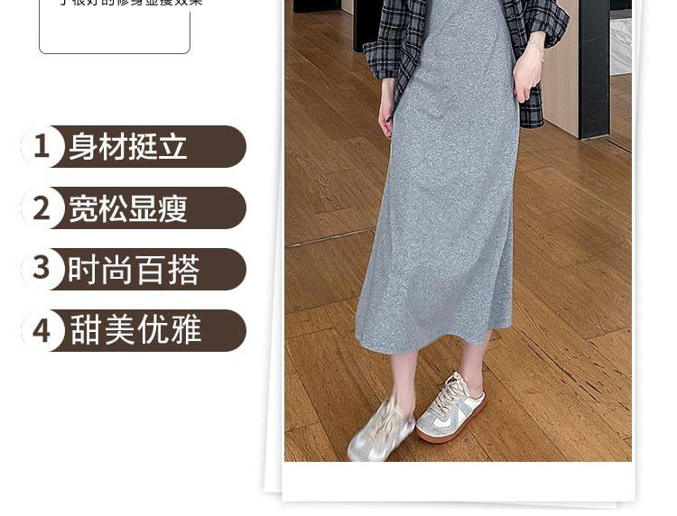 Maternity Sleeveless Scoop Neck Plain Midi Tank Dress / Collared Plaid Button Up Shirt Product Image