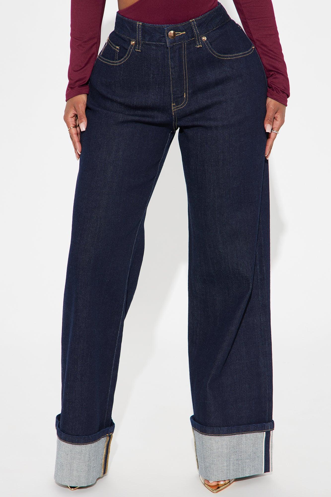 Premium Cuffed Straight Leg Jeans - Dark Wash Product Image