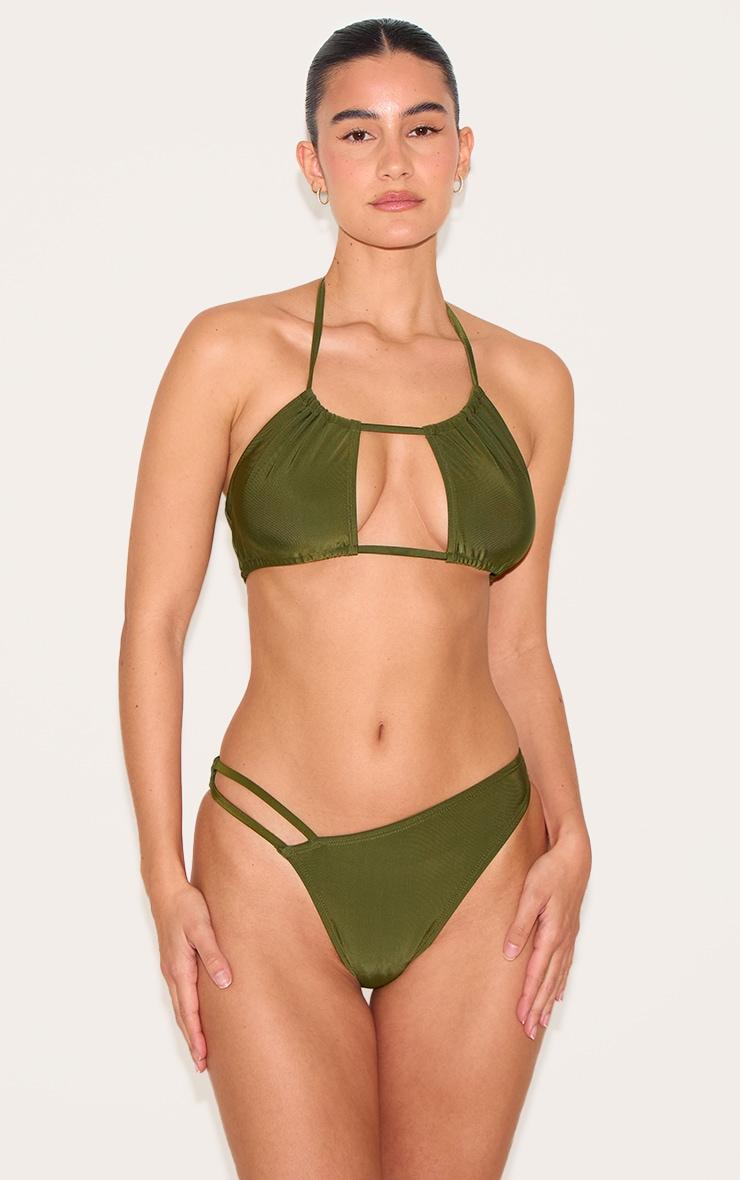 Khaki Ruched Halter Neck Bikini Top Product Image