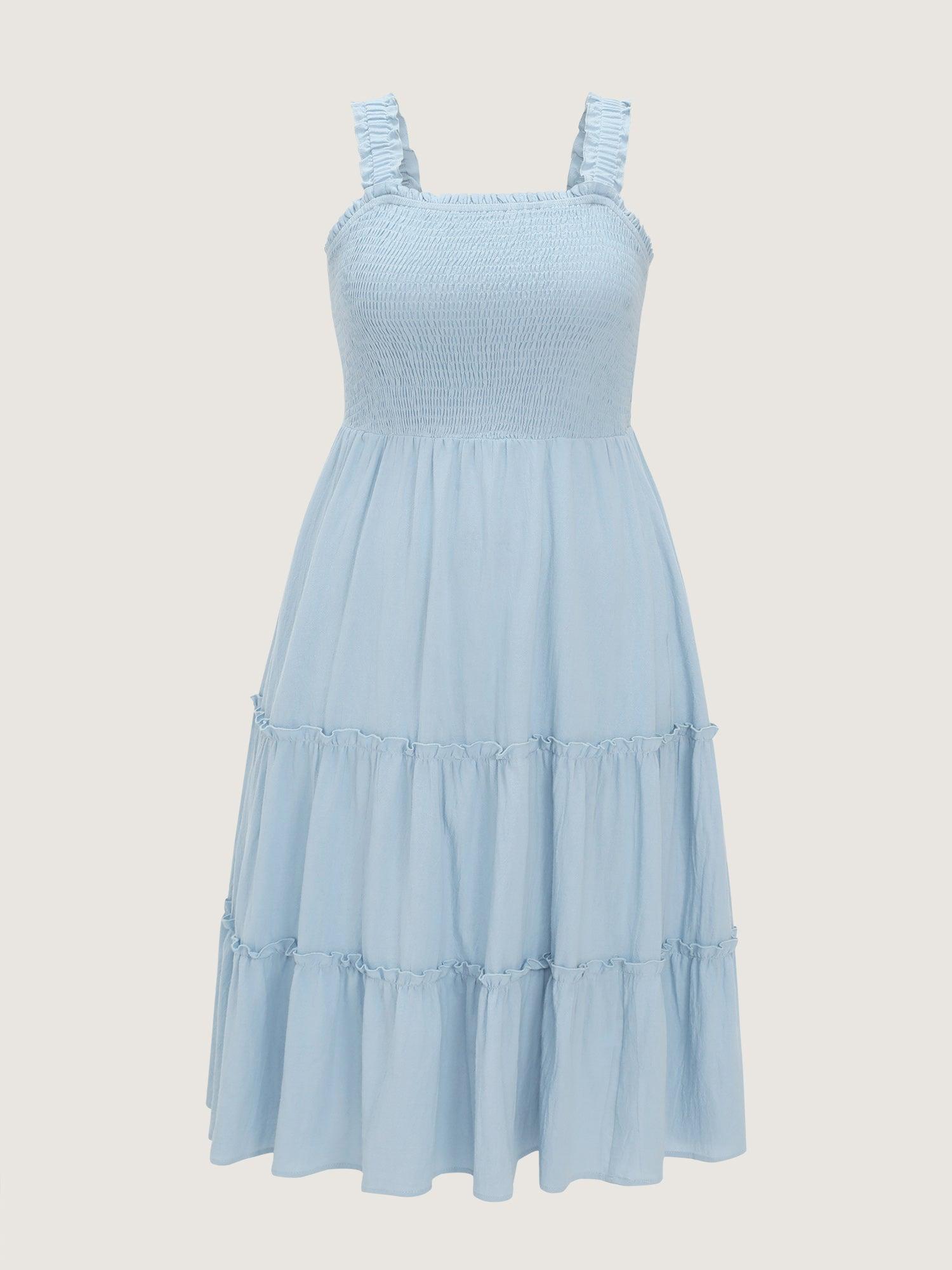 Cotton Shirred Bodice Ruffled Straps Plain Maxi Dress Female Product Image