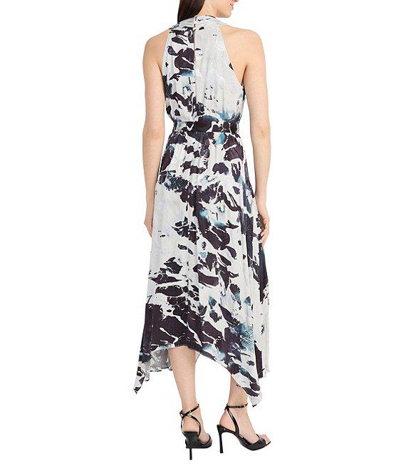 Maggy London Jacquard Multi Print V Neck Sleeveless Asymmetrical Hem Fit and Flare Midi Dress Product Image