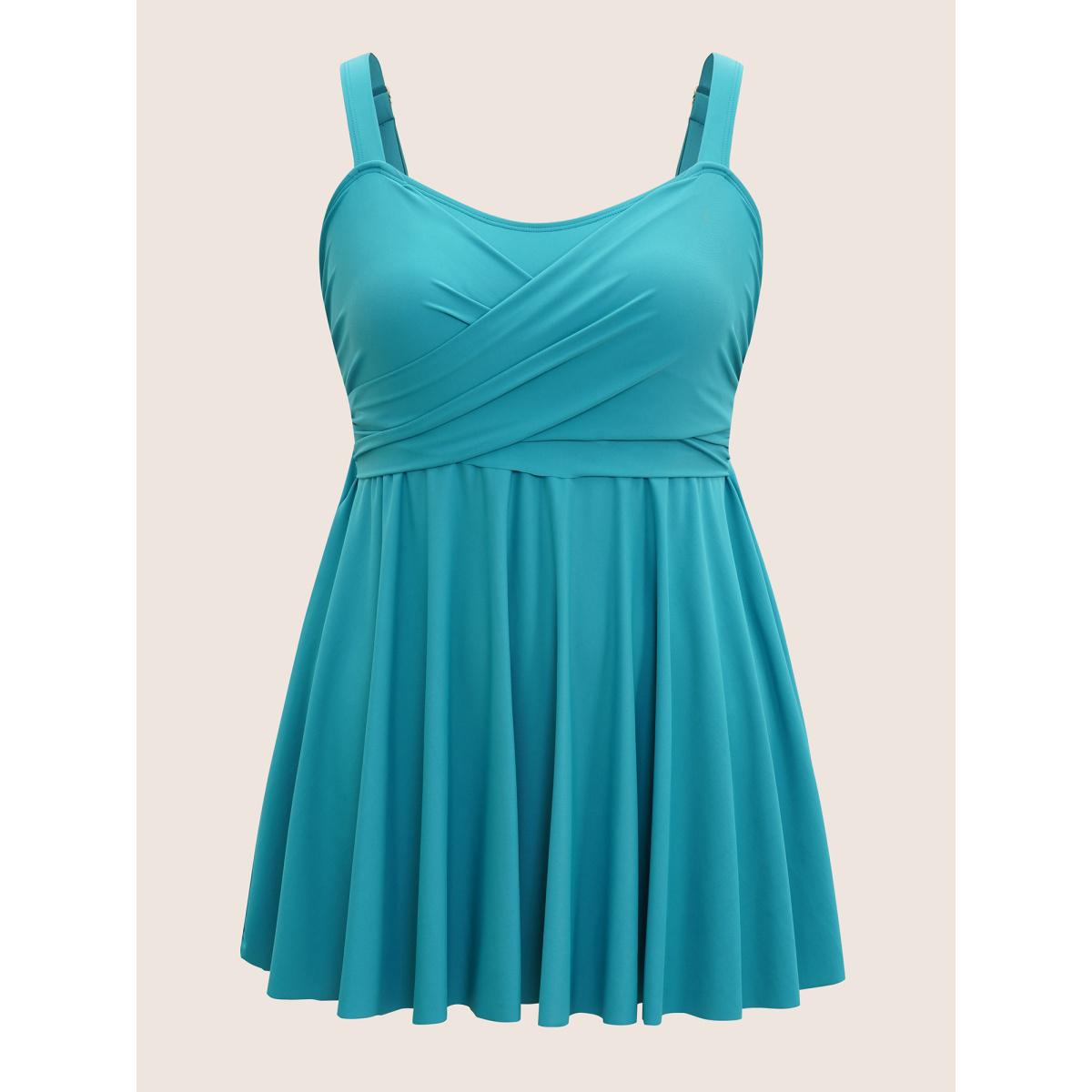 Plus Size Plain Crossover Gathered Detail Swim Dress Women's Swimwear Teal Beach Bodycon Heart neckline High stretch Curve Swim Dresses BloomChic 30/6X Product Image