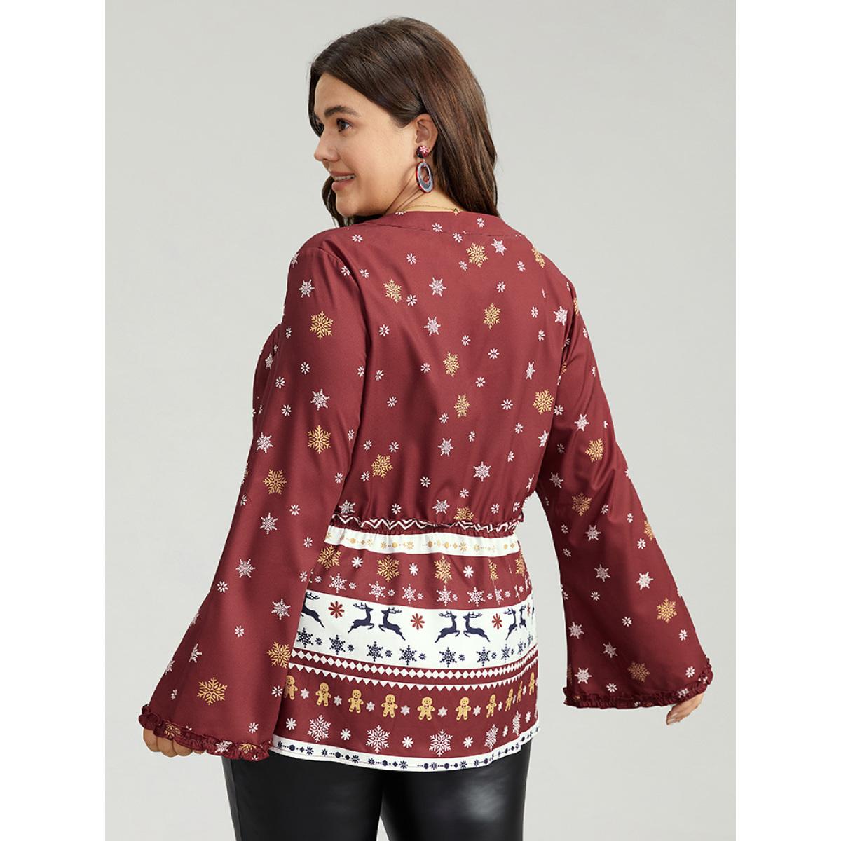 Plus Size Scarlet Christmas Print Tassels Ties Blouse Women Elegant Long Sleeve Tie Neck Festival-Christmas Blouses BloomChic 14-16/1X Product Image