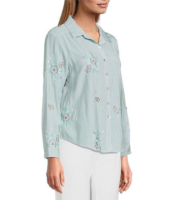 Multiples Petite Size Slub Crinkle Embroidered Stripe Point Collar Long Roll-Tab Sleeve Button Front Shirt Product Image