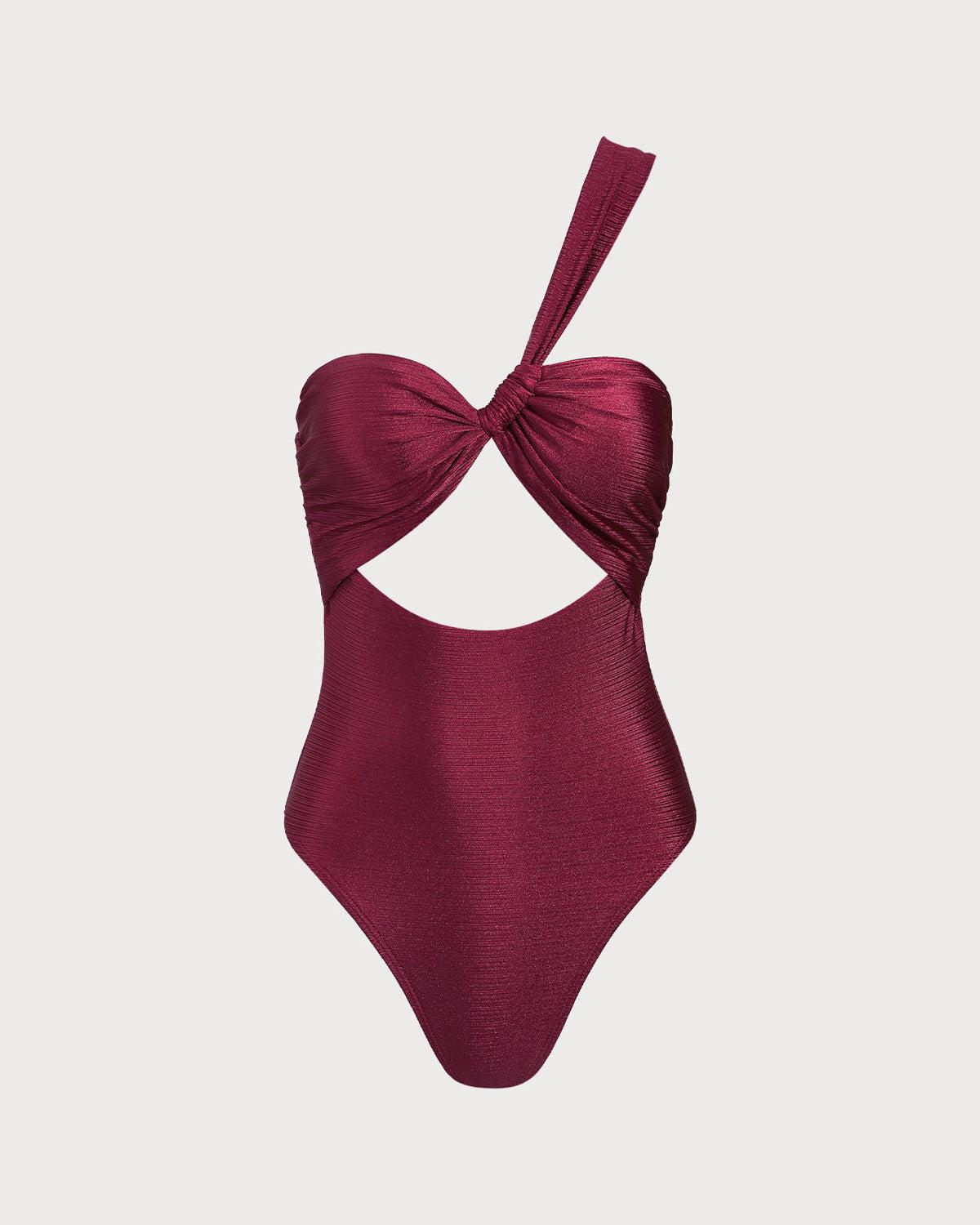 Burgundy Glitter One-Strap Cutout Swimsuit Product Image