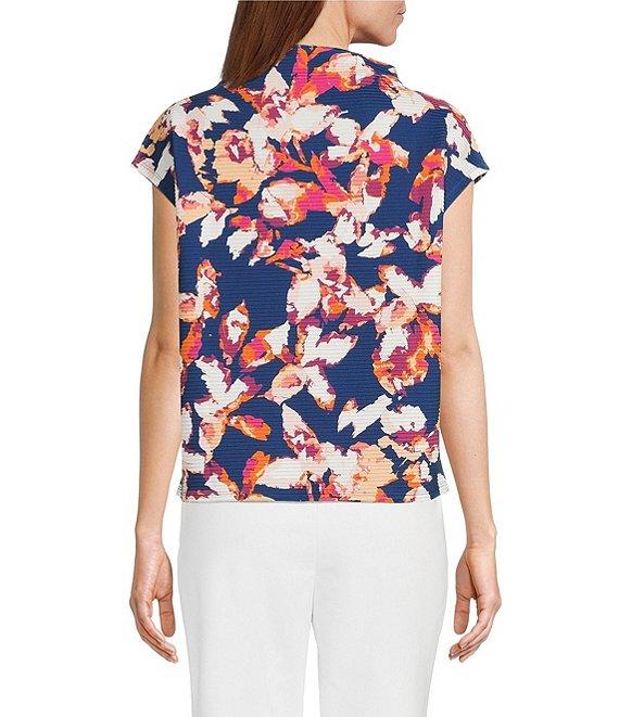 Investments Petite Size Knit Blue Autumn Floral Short Sleeve High Neck Ottoman Top Product Image