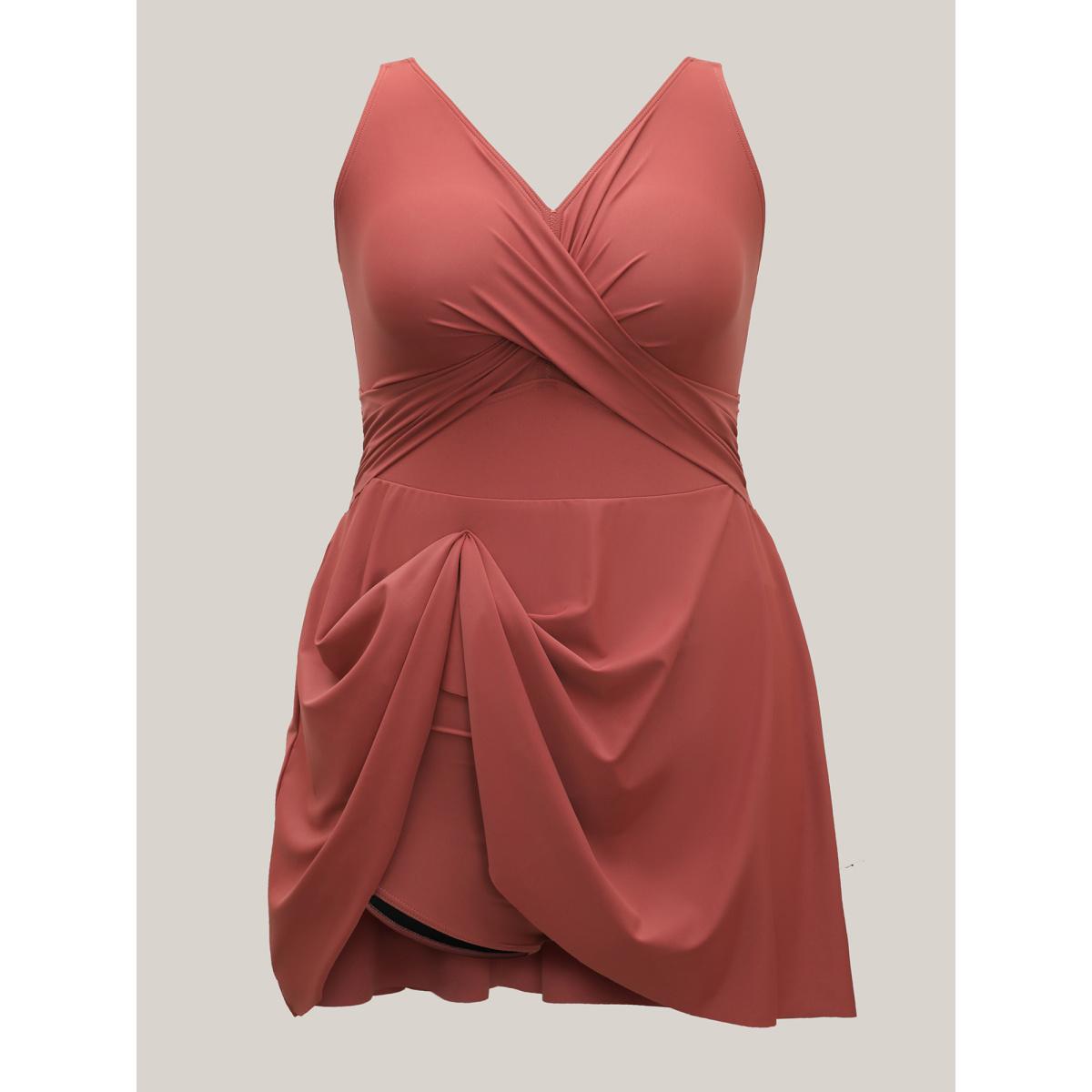 Plus Size Anti-Float Ties Crossover Swim Dress Women's Swimwear Rust Resort Bodycon Overlap Collar High stretch Curve Swim Dresses BloomChic 26/4X Product Image