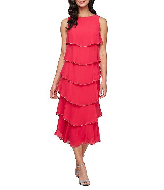 Ignite Evenings Petite Size Boat Neck Tiered Chiffon Midi Dress Product Image