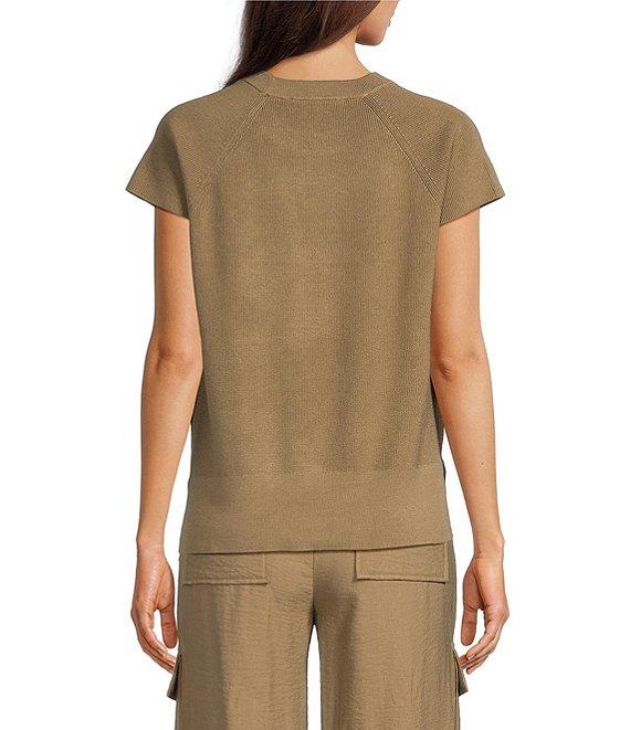 DKNY by Donna Karan Mixed Media Satin Cargo Pocket Crew Neck Short Sleeve Top Product Image