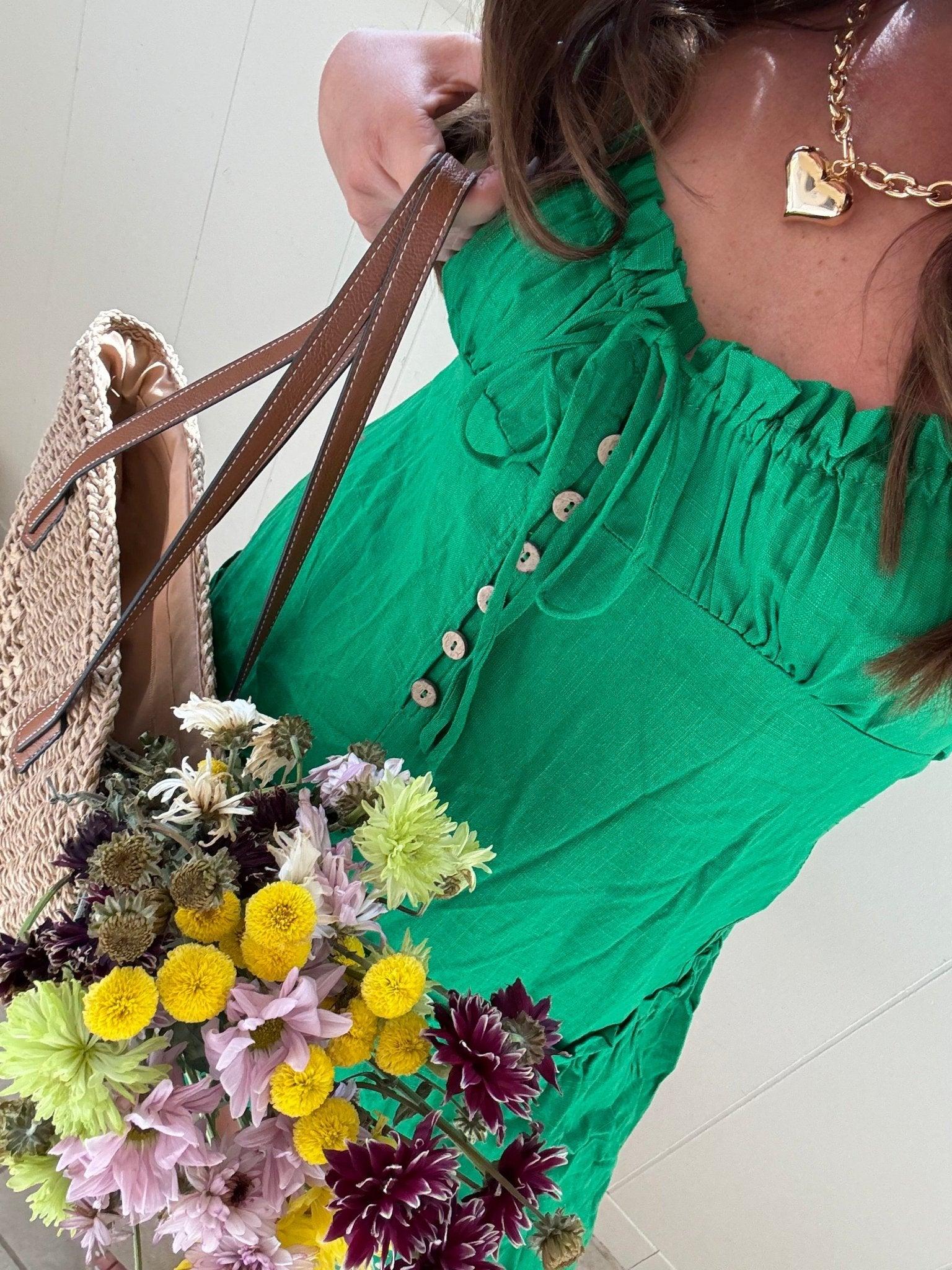 Sally Green Ruched Babydoll Linen Mini Dress - DOORBUSTER Product Image