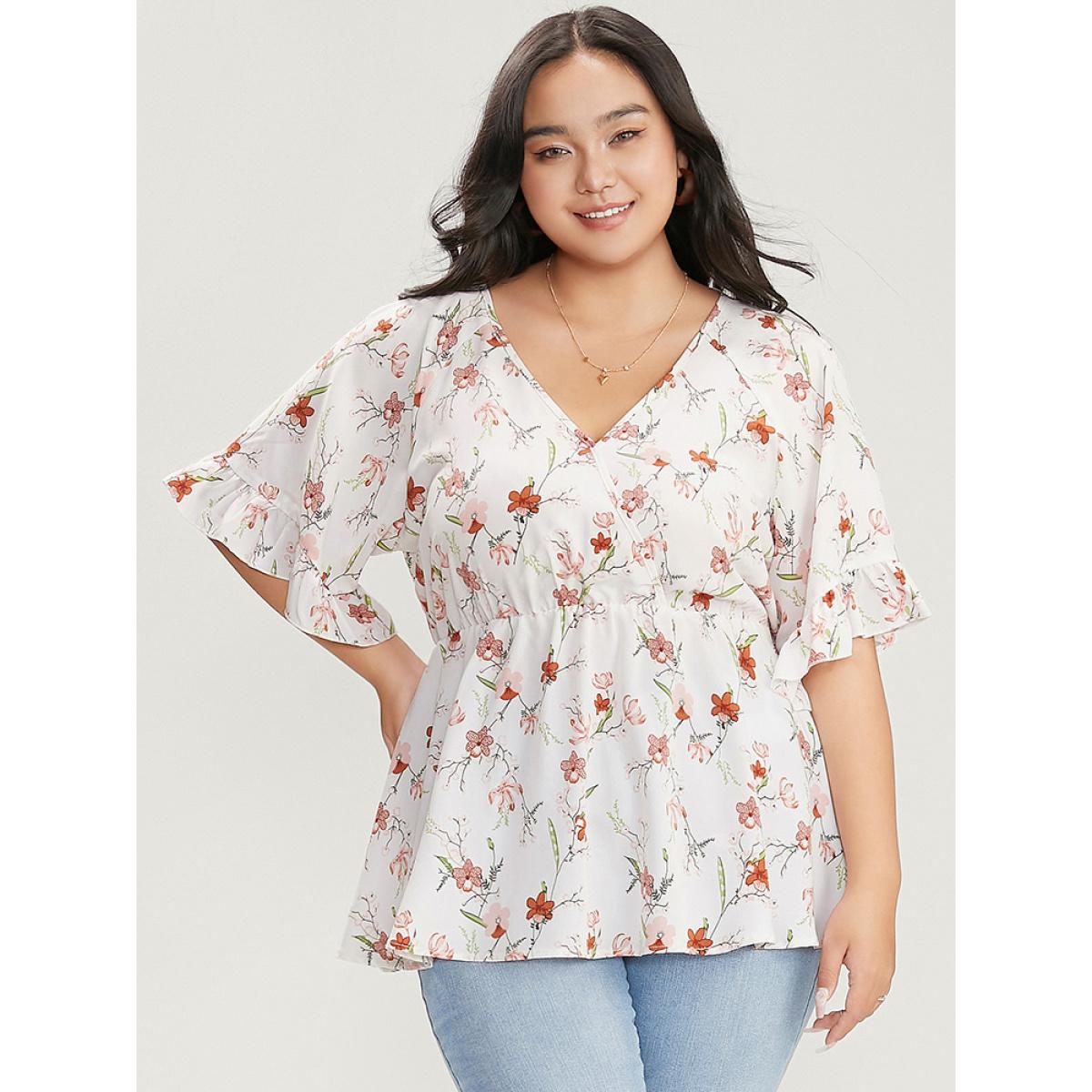 Plus Size White Floral Print Ruffles Flounce Sleeve Surplice Neck Blouse Women Elegant Short sleeve V-neck Dailywear Blouses BloomChic 10/M Product Image