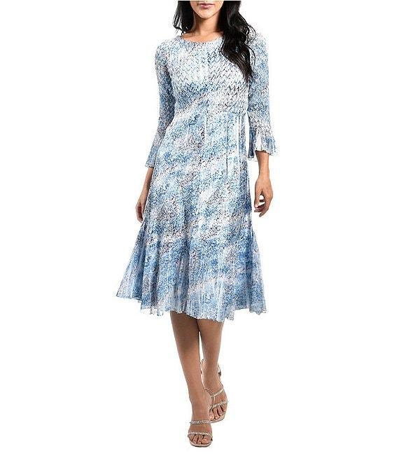 Komarov Boat Neck 3/4 Flutter Sleeve Printed Dress Product Image