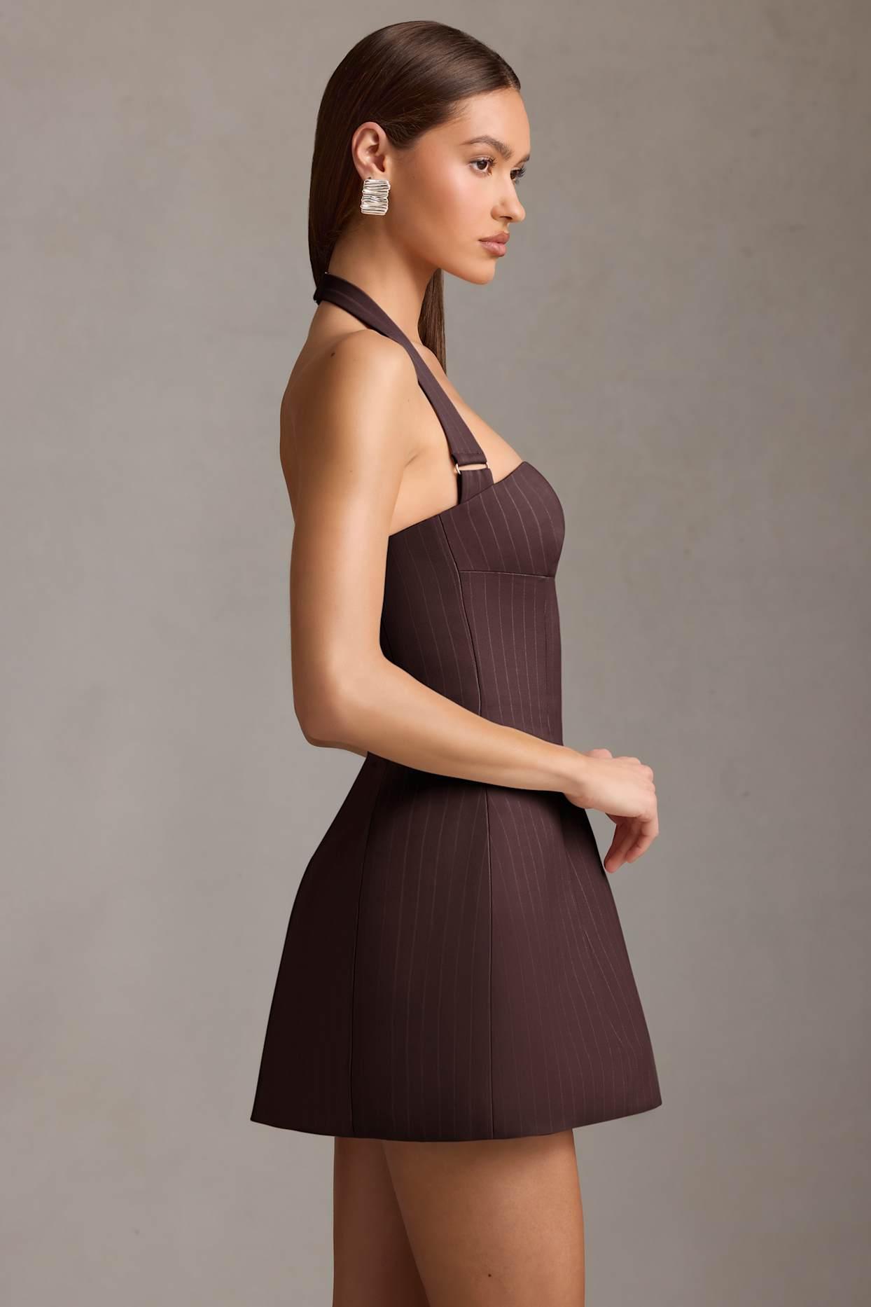 Pinstripe Halterneck Structured A-Line Mini Dress in Chocolate Brown Product Image