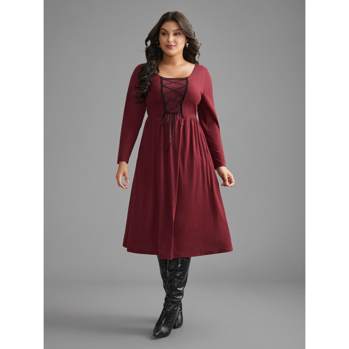Plus Size Square Neck Lace Panel Lace Up Dress Burgundy Women Elegant Woven ribbon&lace trim Square Neck Long Sleeve Curvy BloomChic 22-24/3X Product Image