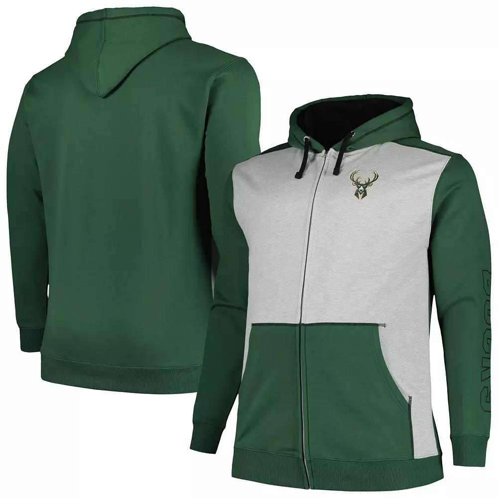 Men's Fanatics Branded Hunter Green/Heather Gray Milwaukee Bucks Big & Tall Contrast Pieced Stitched Full-Zip Hoodie, Size: 2XB, Team Product Image