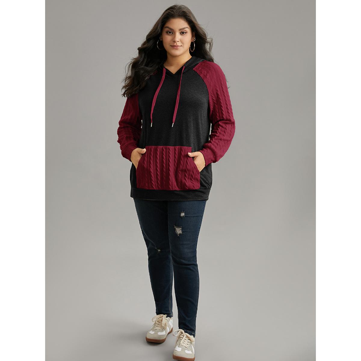 Plus Size Contrast Cable Knit Pocket Hooded Drawstring Sweatshirt Women Black Casual Texture Hooded Everyday Sweatshirts BloomChic 10/M Product Image