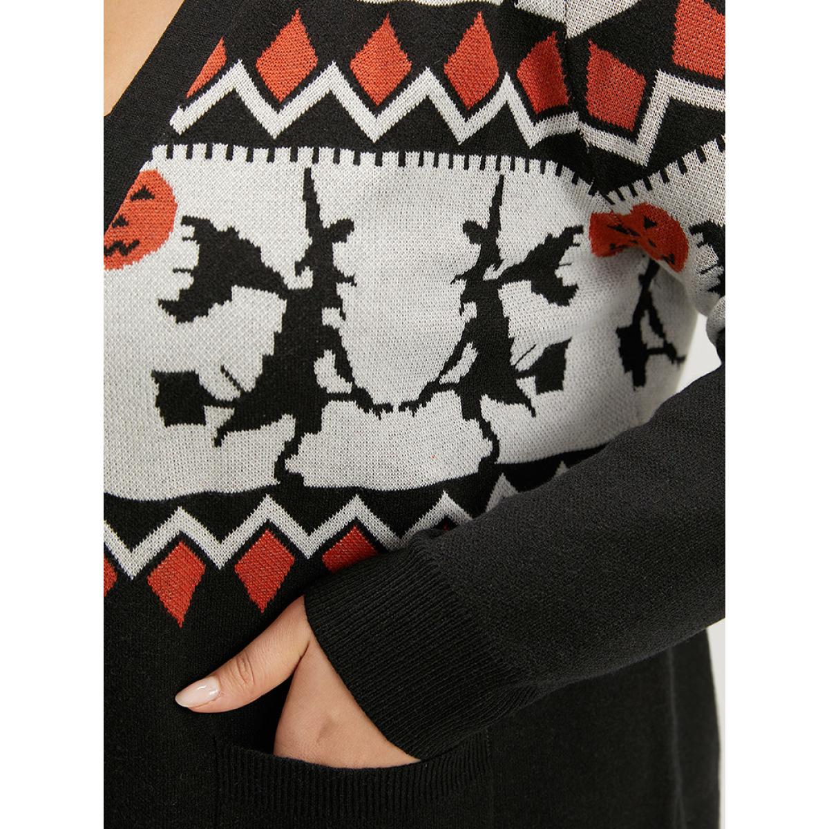 Plus Size Halloween Geo & Witch Print Open Front Cardigan Black Women Casual Loose Long Sleeve Festival-Halloween Cardigans BloomChic 14-16/1X Product Image