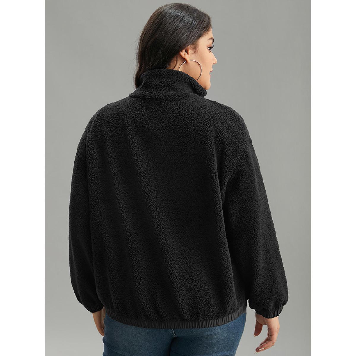 Plus Size Solid Patchwork Button Up Pocket Zipper Jacket Women Black Zipper Pocket Dailywear Jackets BloomChic 12/L Product Image