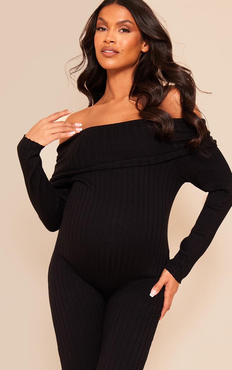 Maternity Black Knitted Bardot Wide Leg Jumpsuit Product Image