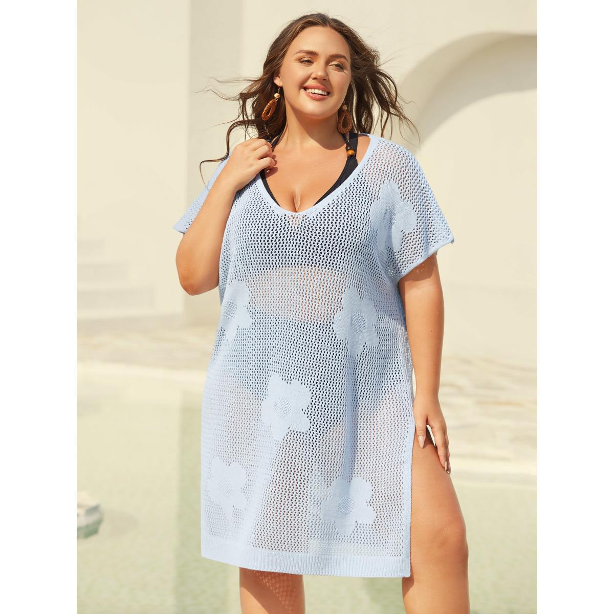 Plus Size Floral Pattern Jacquard Slit Swim Cover-Up Women's Swimwear LightBlue Beach Loose Cut-Out Curve Swim Cover Ups BloomChic 18-20/2X Product Image