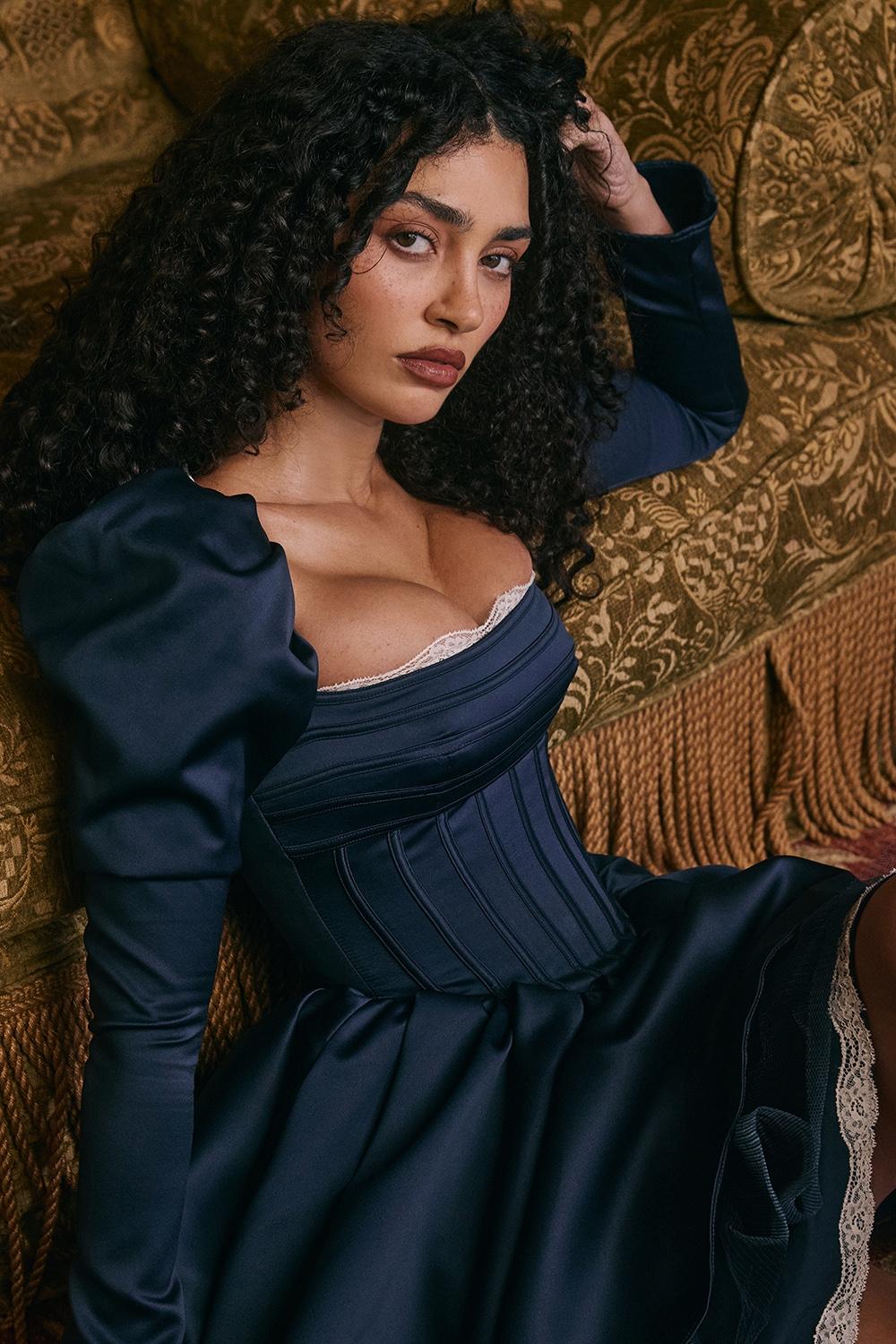 Venetia  midnight satin puff sleeve mini dress - sale Product Image