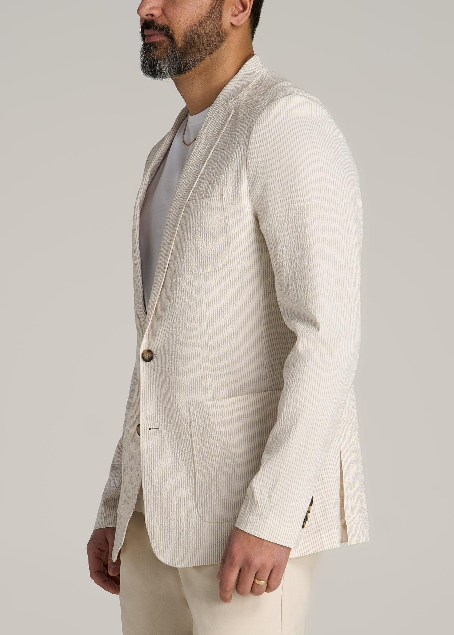 Stretch Seersucker Blazer for Tall Men in Off White and Beige Stripe Male Product Image