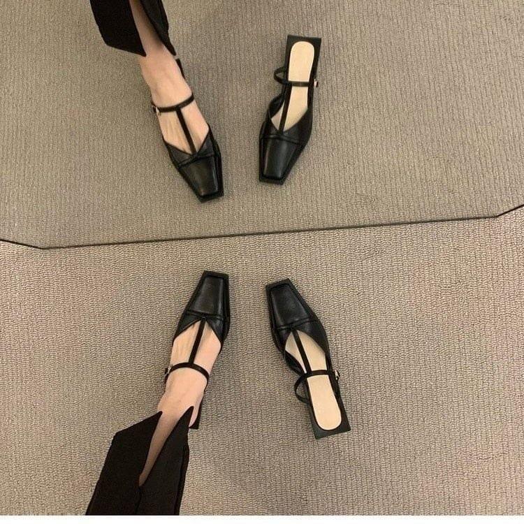 Square Toe T-Strap Chunky Heel Mules Product Image