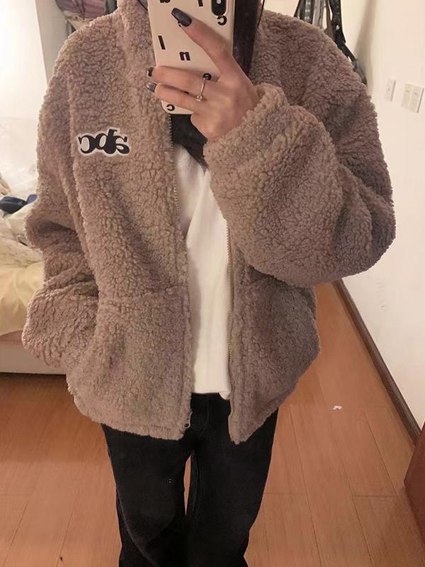 Lambswool Letter Embroidery Zip Up Jacket Product Image