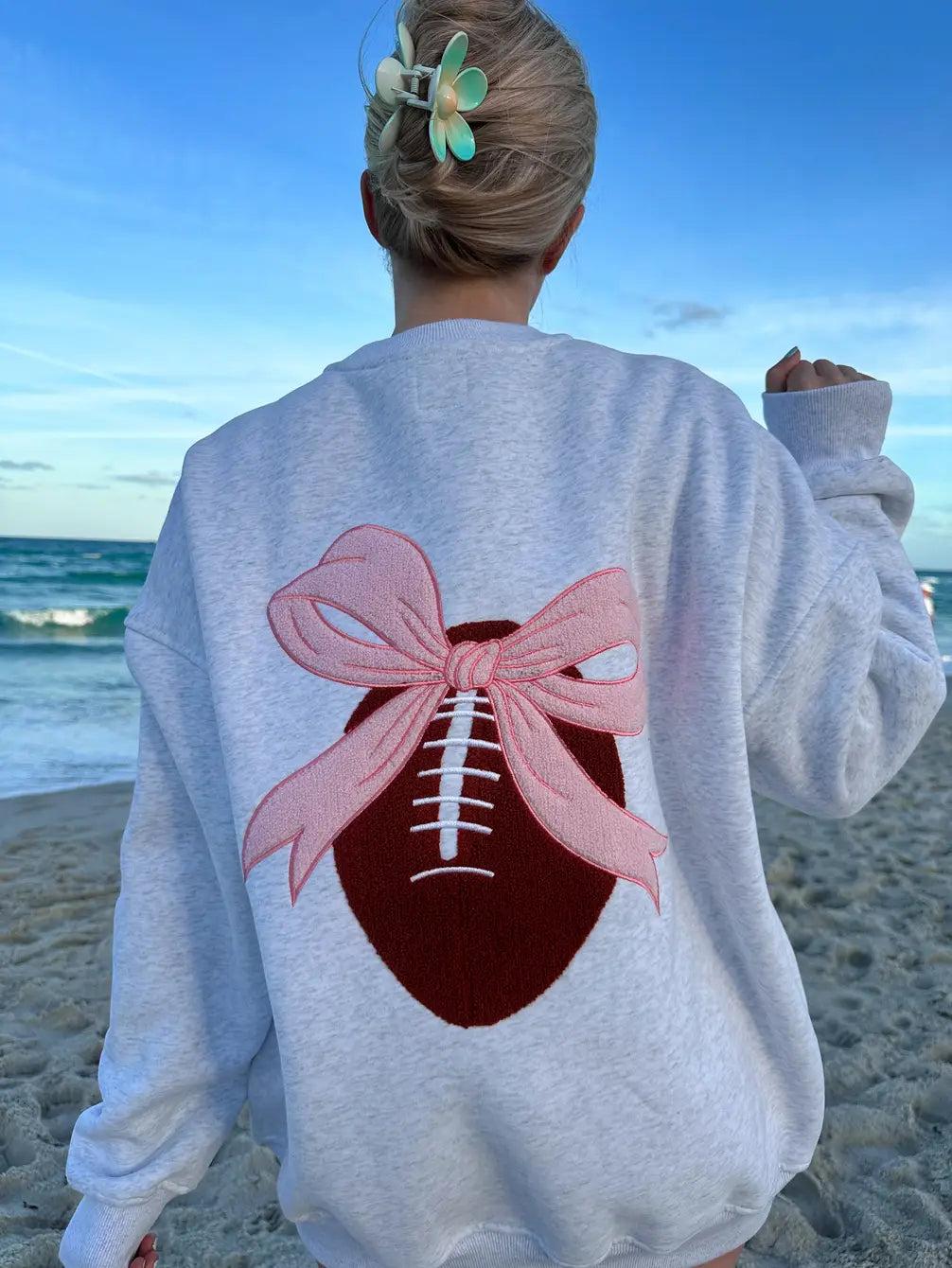 Pearl Grey Pink Bow Football Game Day Embroider Sweatshirt Product Image