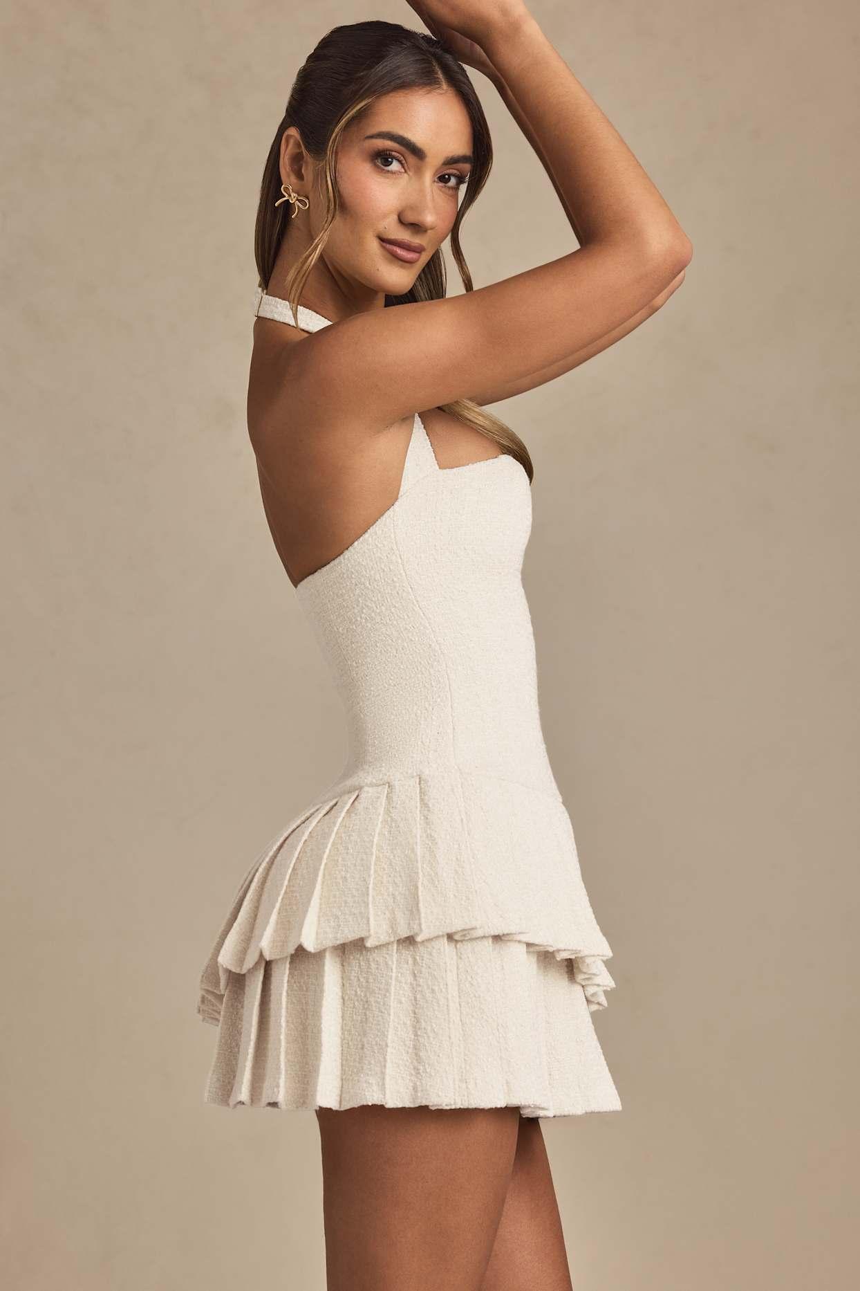 Asymmetric Layered Halterneck Mini Dress in Ivory Product Image