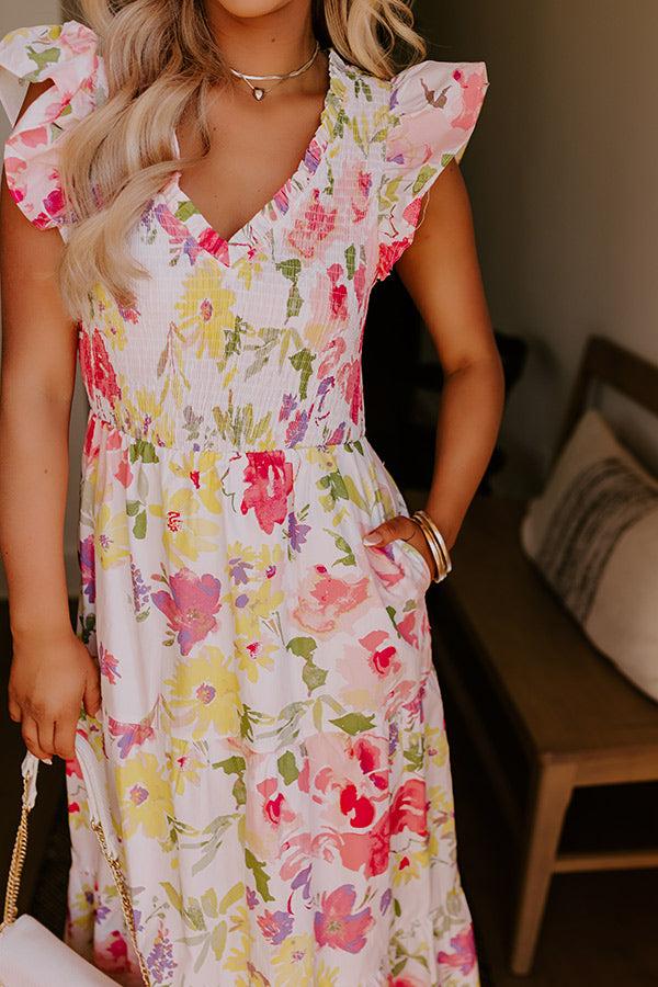 Gleaming Smile Floral Smocked Midi Dress in Blush Product Image