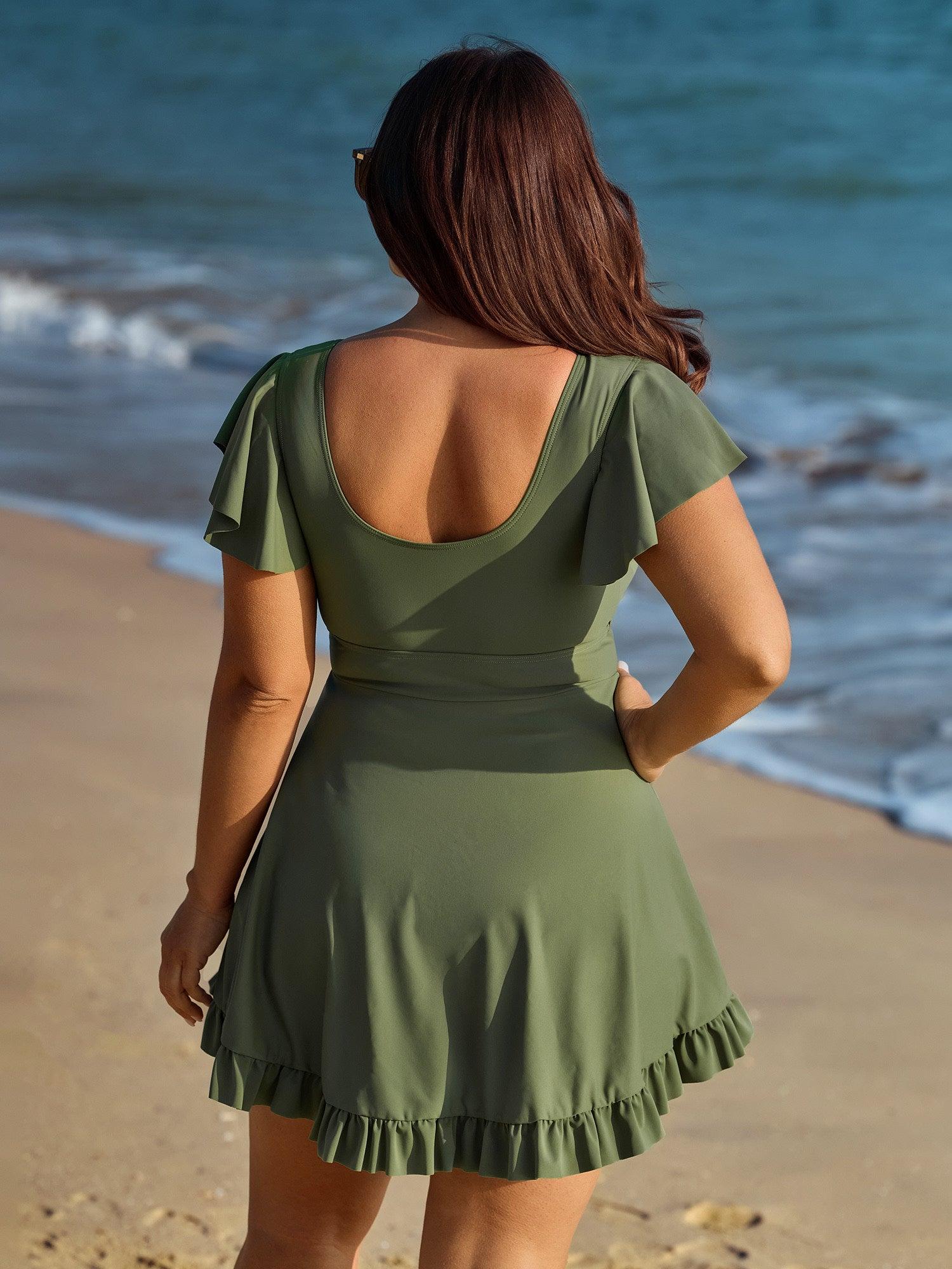 Ruffled Sleeve Curvy Hem Swim Dress Female Product Image