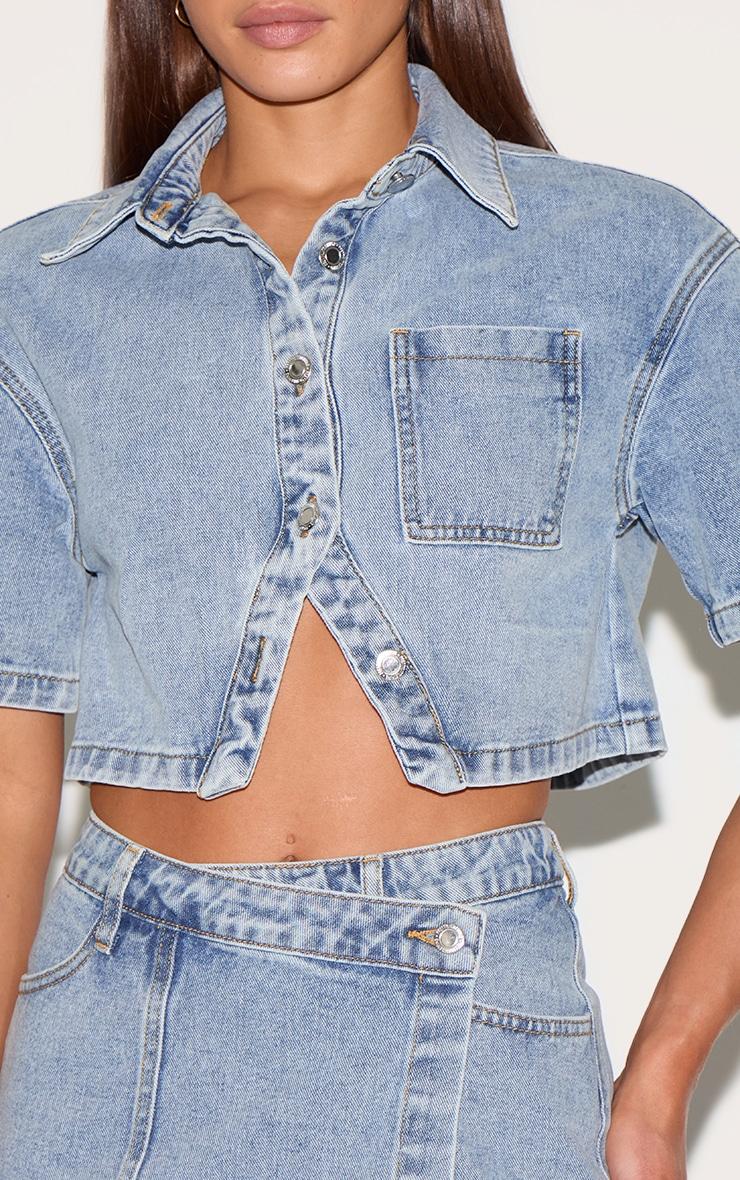 Tall Vintage Wash Button Up Short Sleeve Cropped Denim Shirt Product Image